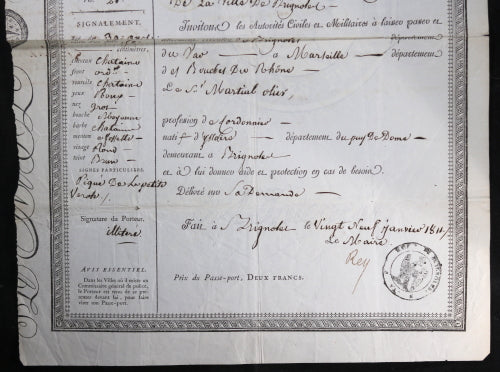 1811 Empire, passe-port pour un cordonnier de Brignoles (Var)