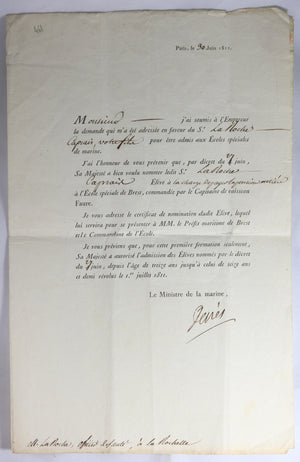 1811 admission d'un Élève à l'École Speciale de Marine de Brest