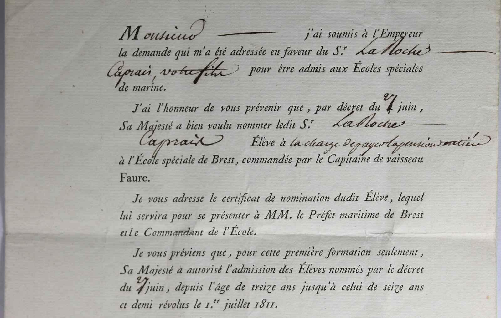 1811 admission d'un Élève à l'École Speciale de Marine de Brest