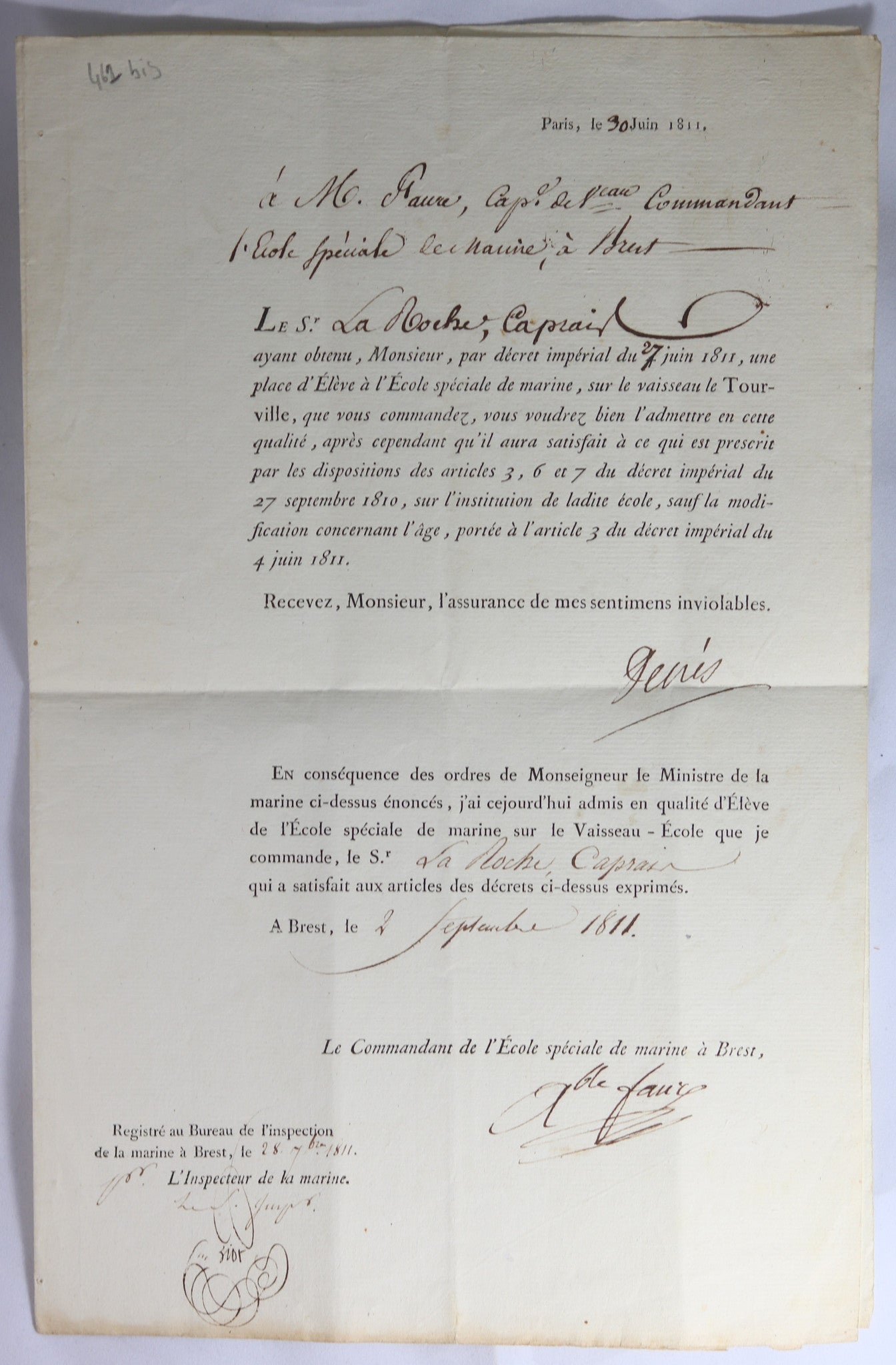 1811 admission d'un Élève à l'École Speciale de Marine de Brest