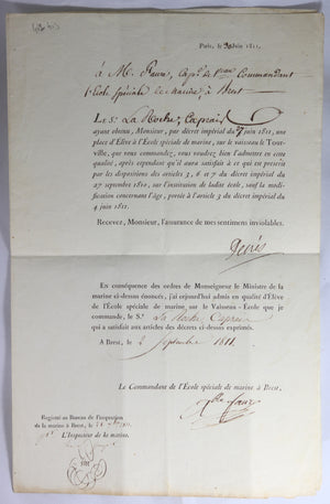 1811 admission d'un Élève à l'École Speciale de Marine de Brest