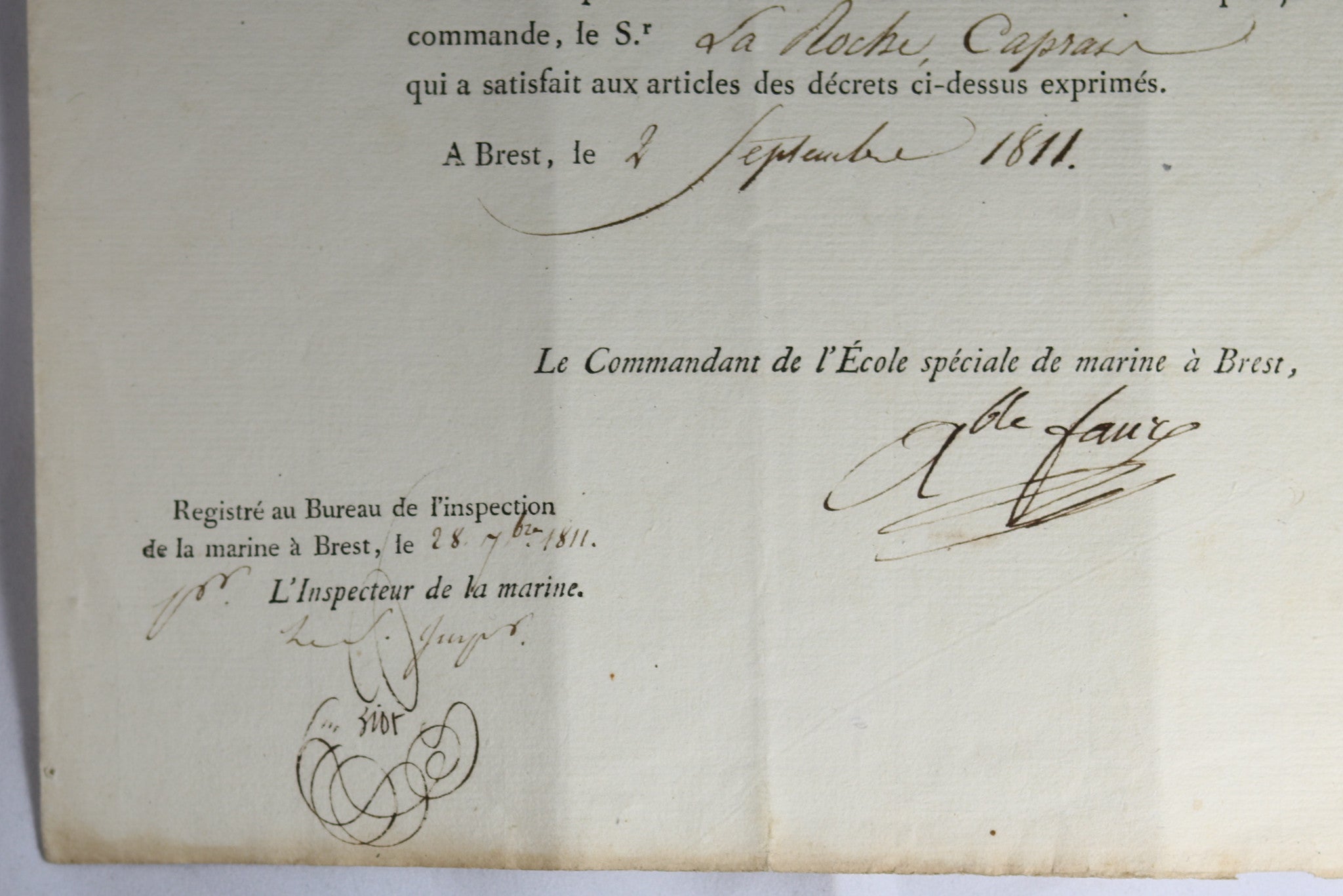 1811 admission d'un Élève à l'École Speciale de Marine de Brest