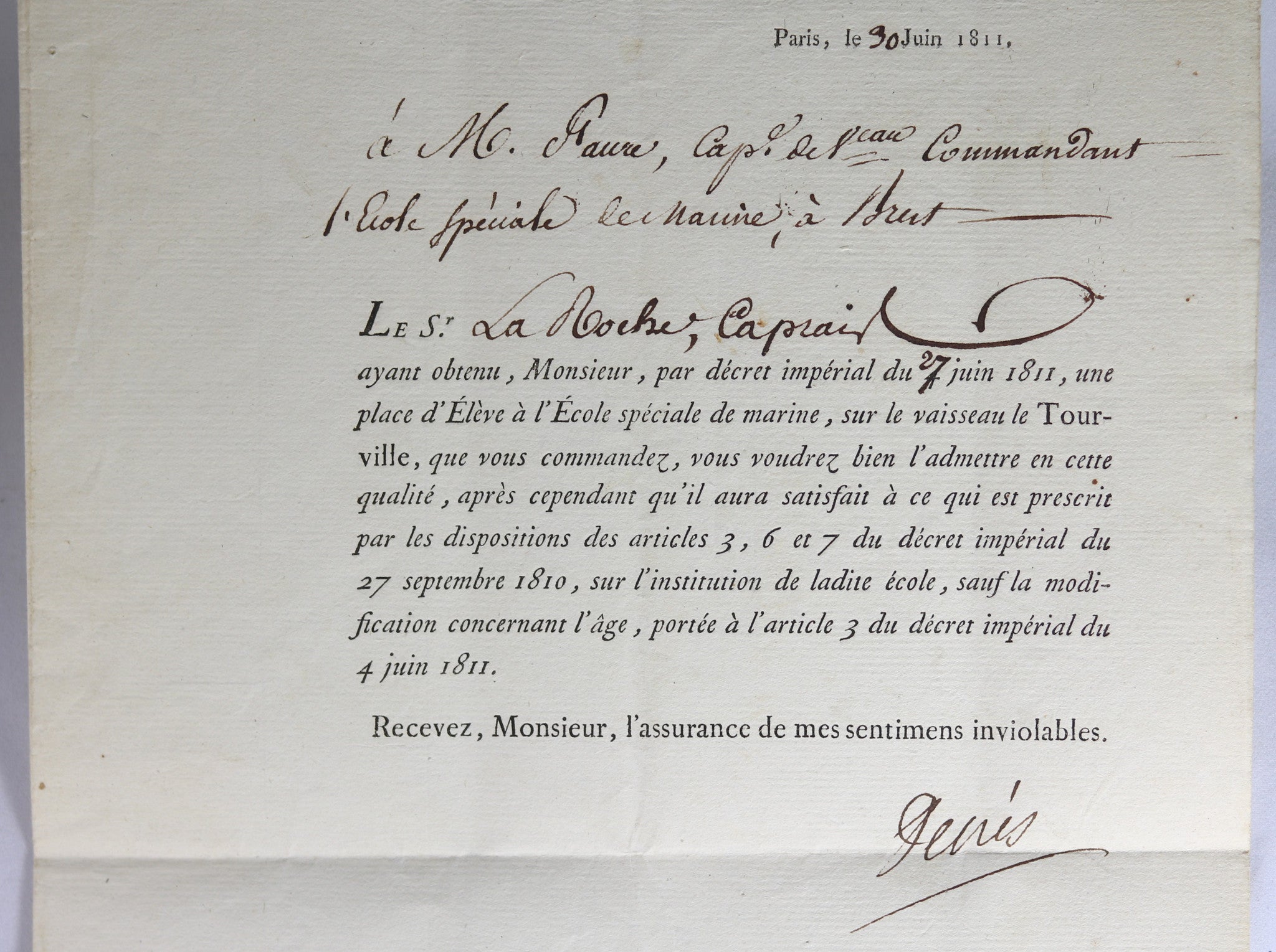 1811 admission d'un Élève à l'École Speciale de Marine de Brest