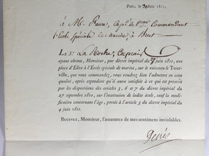 1811 admission d'un Élève à l'École Speciale de Marine de Brest