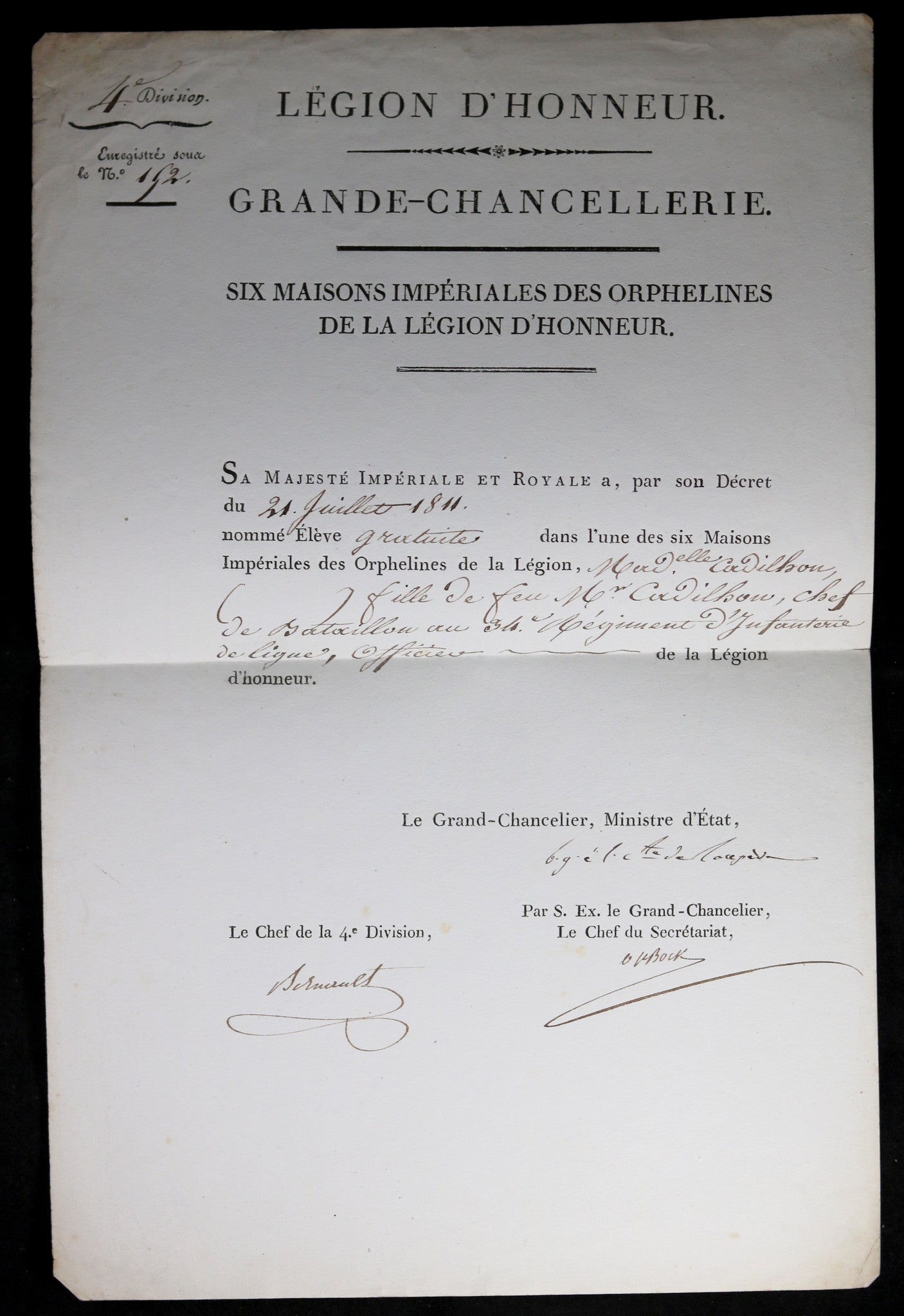 1811 nomination élève dans Maison Impériale Orphelines Légion Honneur