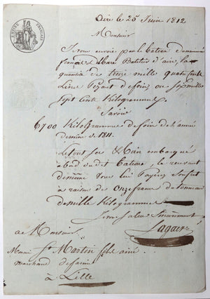 1812 France livraison de foin par bateau, d'Aire à Lille