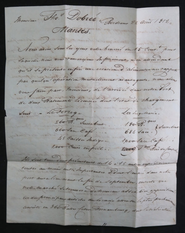 1812 lettre au négociant Dobrée à Nantes, traite avec Amériques