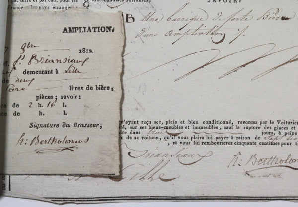 1812 trois (3) documents livraison barrique bière de Dunkerque à Lille