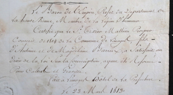 1813 1er Empire Limoges deux lettres sur Tixier conscrit militaire