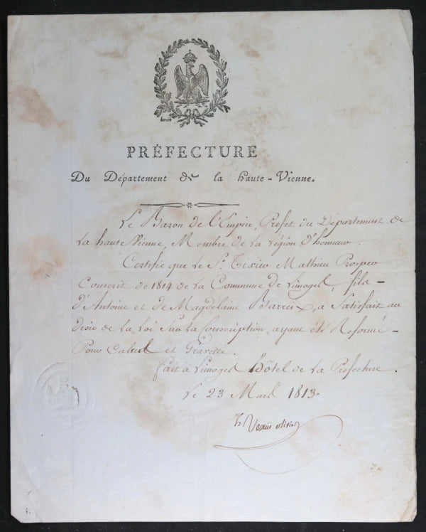 1813 1er Empire Limoges deux lettres sur Tixier conscrit militaire