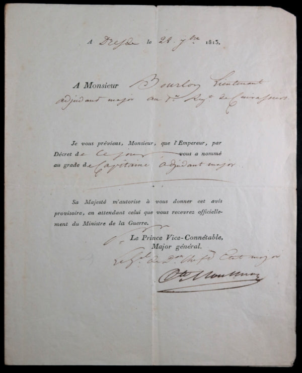 1813 Monthion nomination Bourlon de Chevigné 1er Régiment cuirassier