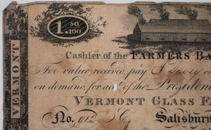 1813 $1.50 currency Vermont Glass Factory, Farmer’s Bank Troy N.Y.