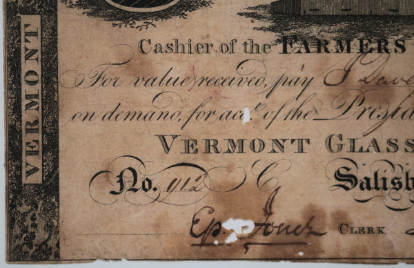 1813 $1.50 currency Vermont Glass Factory, Farmer’s Bank Troy N.Y.