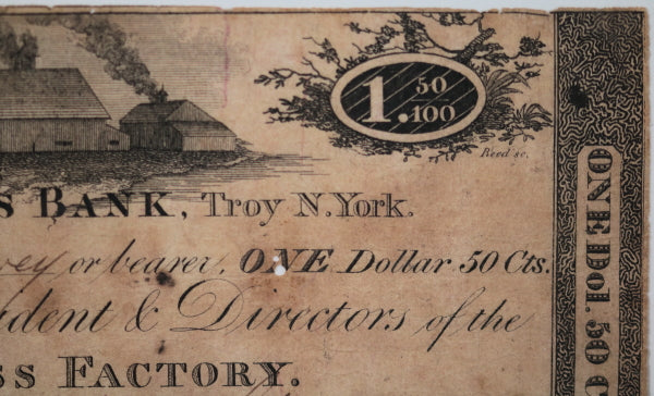 1813 $1.50 currency Vermont Glass Factory, Farmer’s Bank Troy N.Y.
