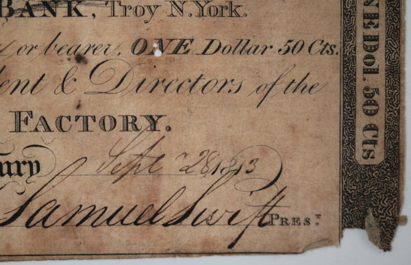 1813 $1.50 currency Vermont Glass Factory, Farmer’s Bank Troy N.Y.