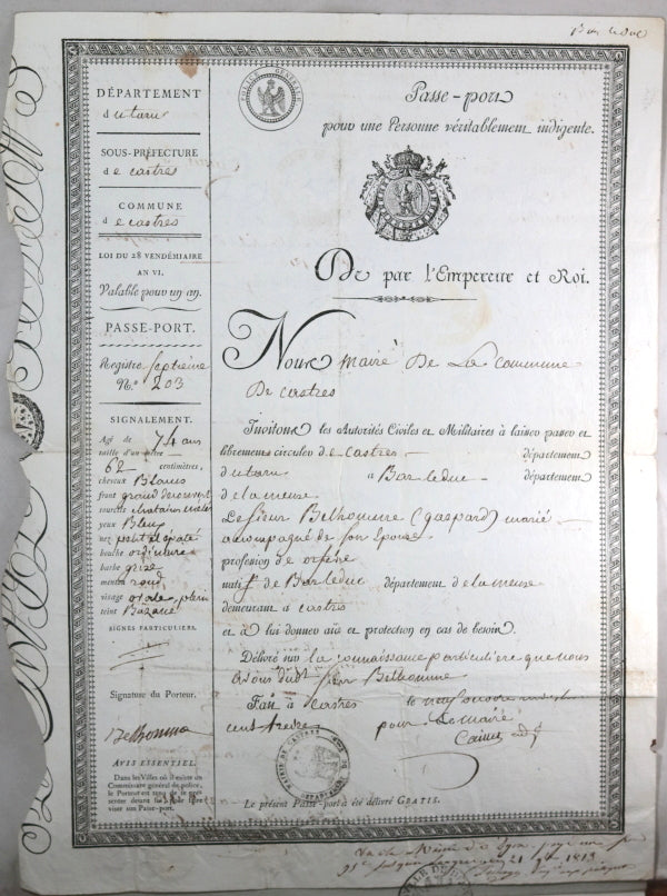 1813 Empire, passeport pour orfèvre, Castries à Bar-le-Duc 