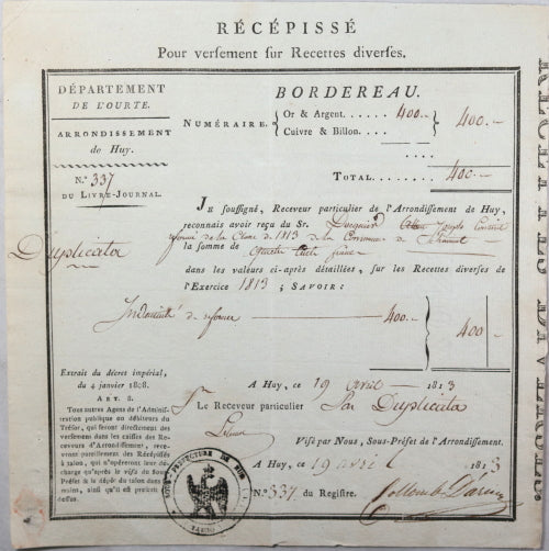1813 Huy département de l'Ourte (France) paiement indemnité de reforme