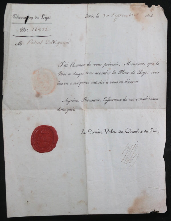 1814 Louis XVIII décoration du Lys pour M. Duvignaud, signé Hüe