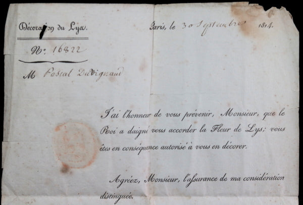 1814 Louis XVIII décoration du Lys pour M. Duvignaud, signé Hüe