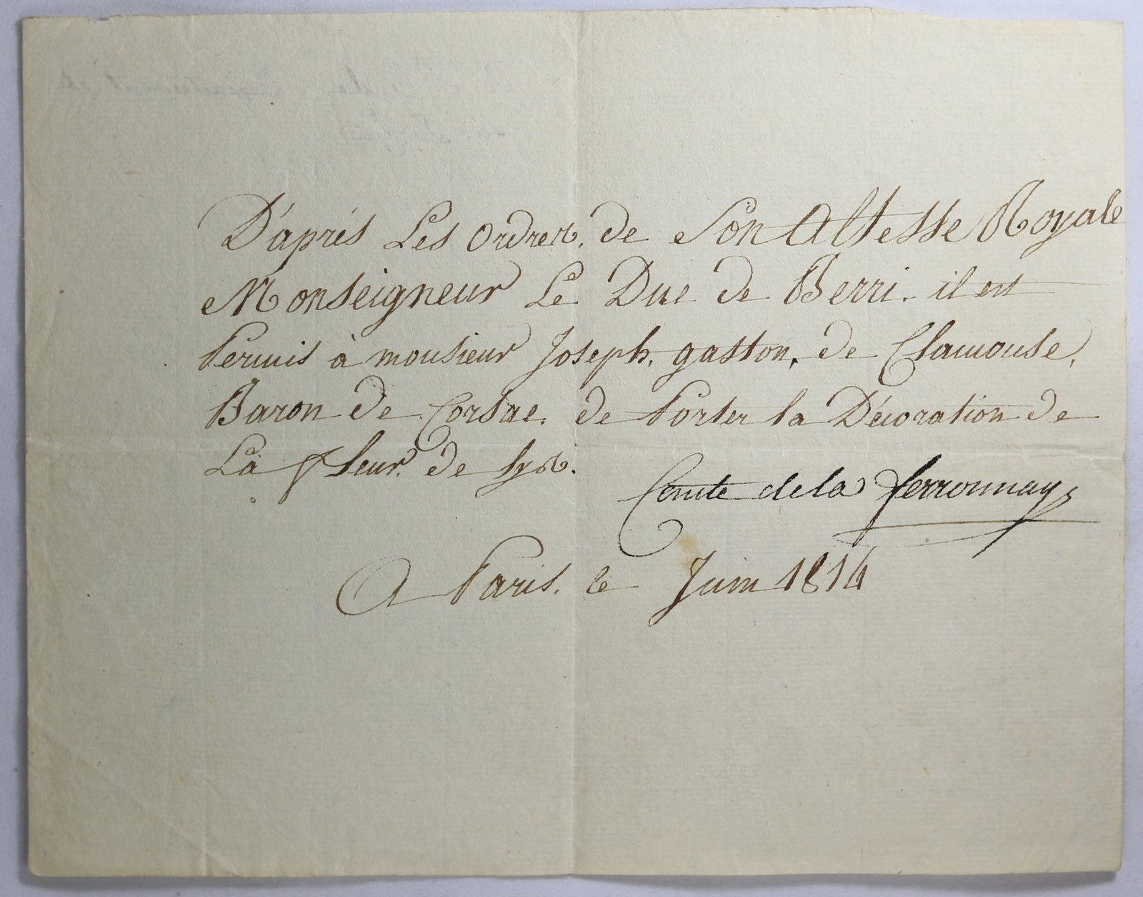 1814 Restauration decoration de la Fleur de Lys pour Baron de Corsac