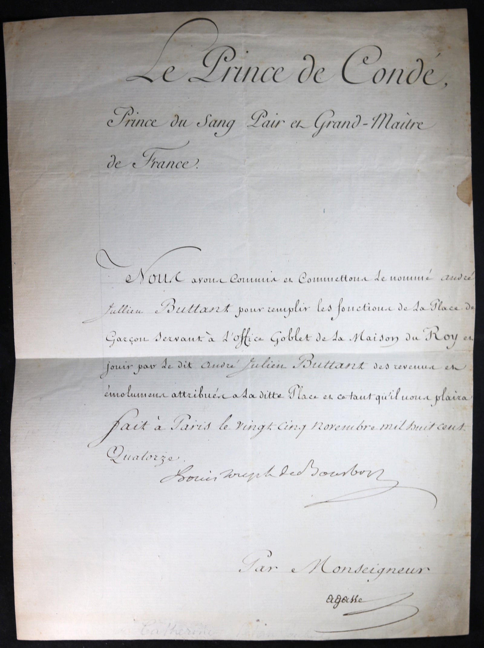 1814 Restauration lettre de Louis Joseph de Bourbon Conde (Maison du Roi)