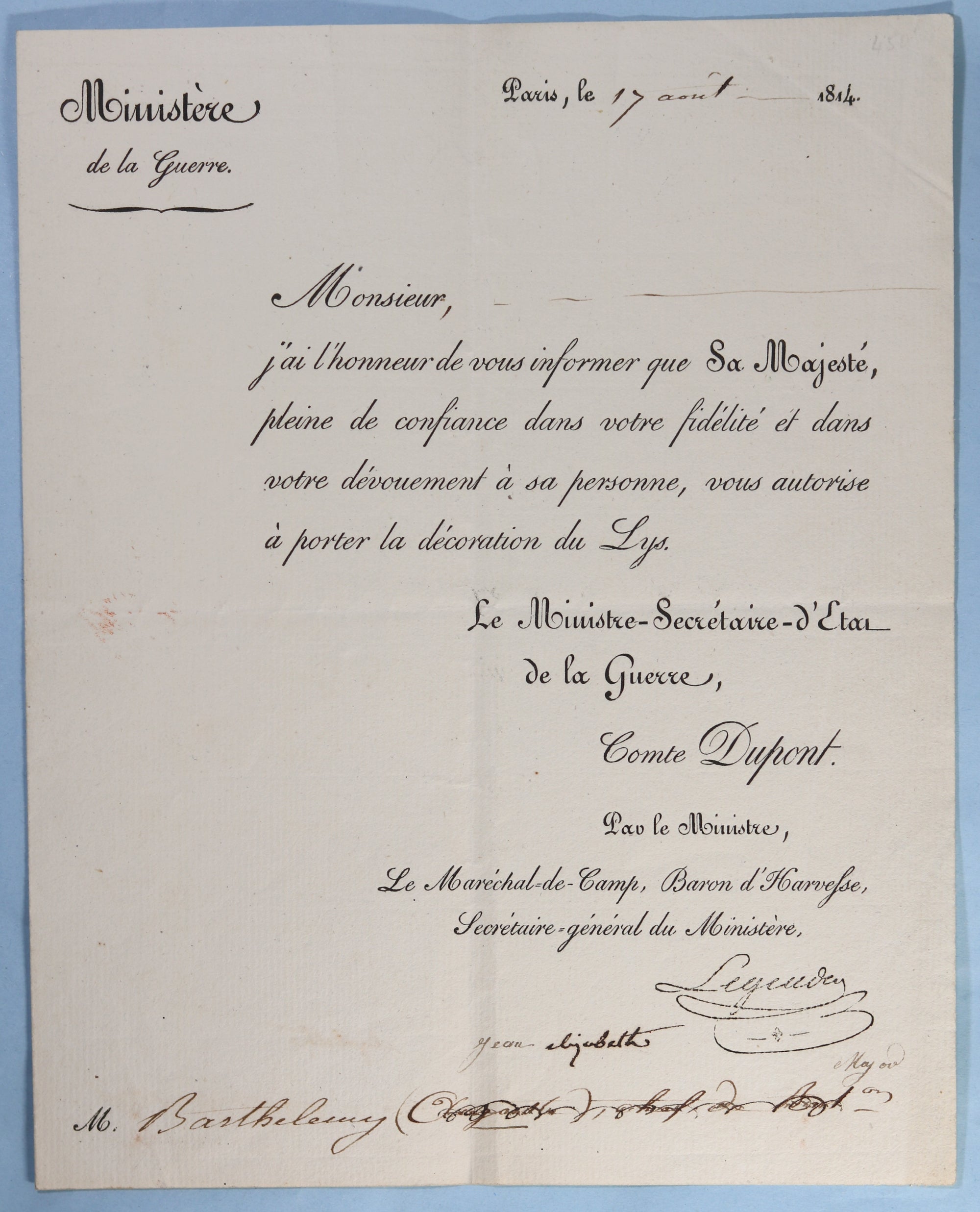1814 autorisation pour porter la décoration du Lys (Louis XVIII)