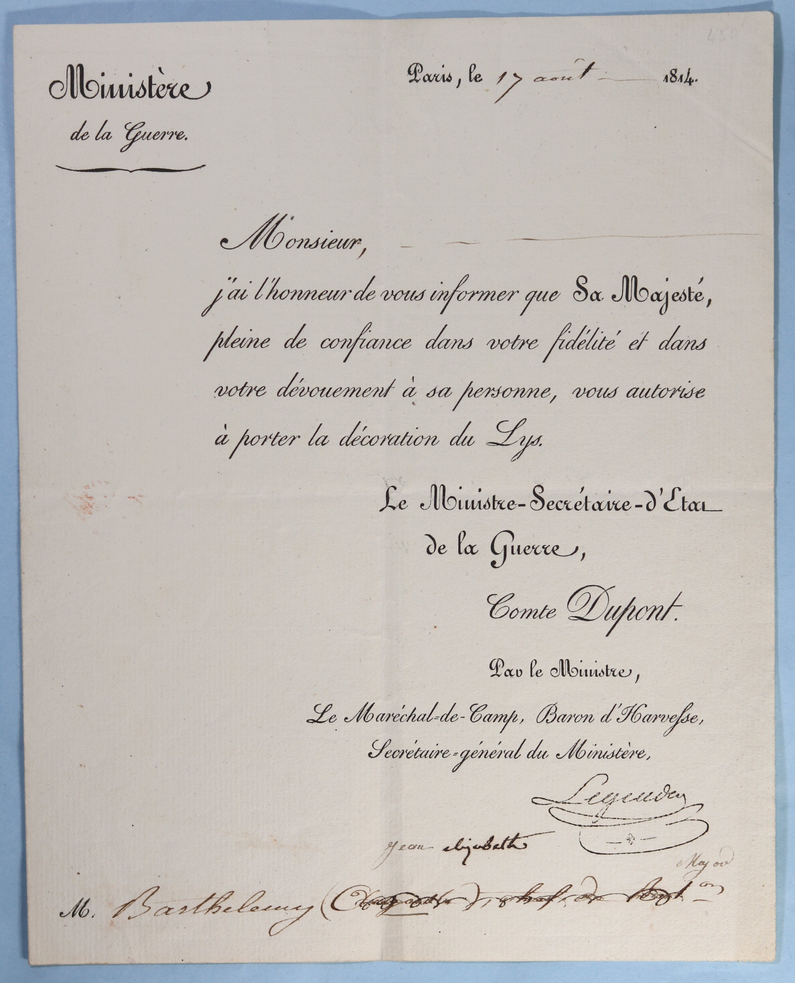1814 autorisation pour porter la décoration du Lys (Louis XVIII) 1814 autorisation pour porter la décoration du Lys (Louis XVIII)