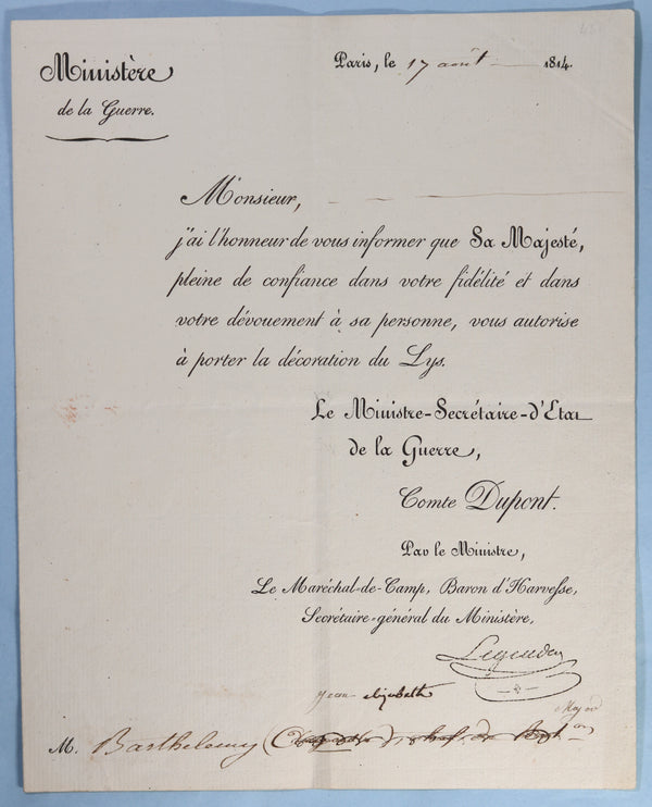 1814 autorisation pour porter la décoration du Lys (Louis XVIII) 1814 autorisation pour porter la décoration du Lys (Louis XVIII)