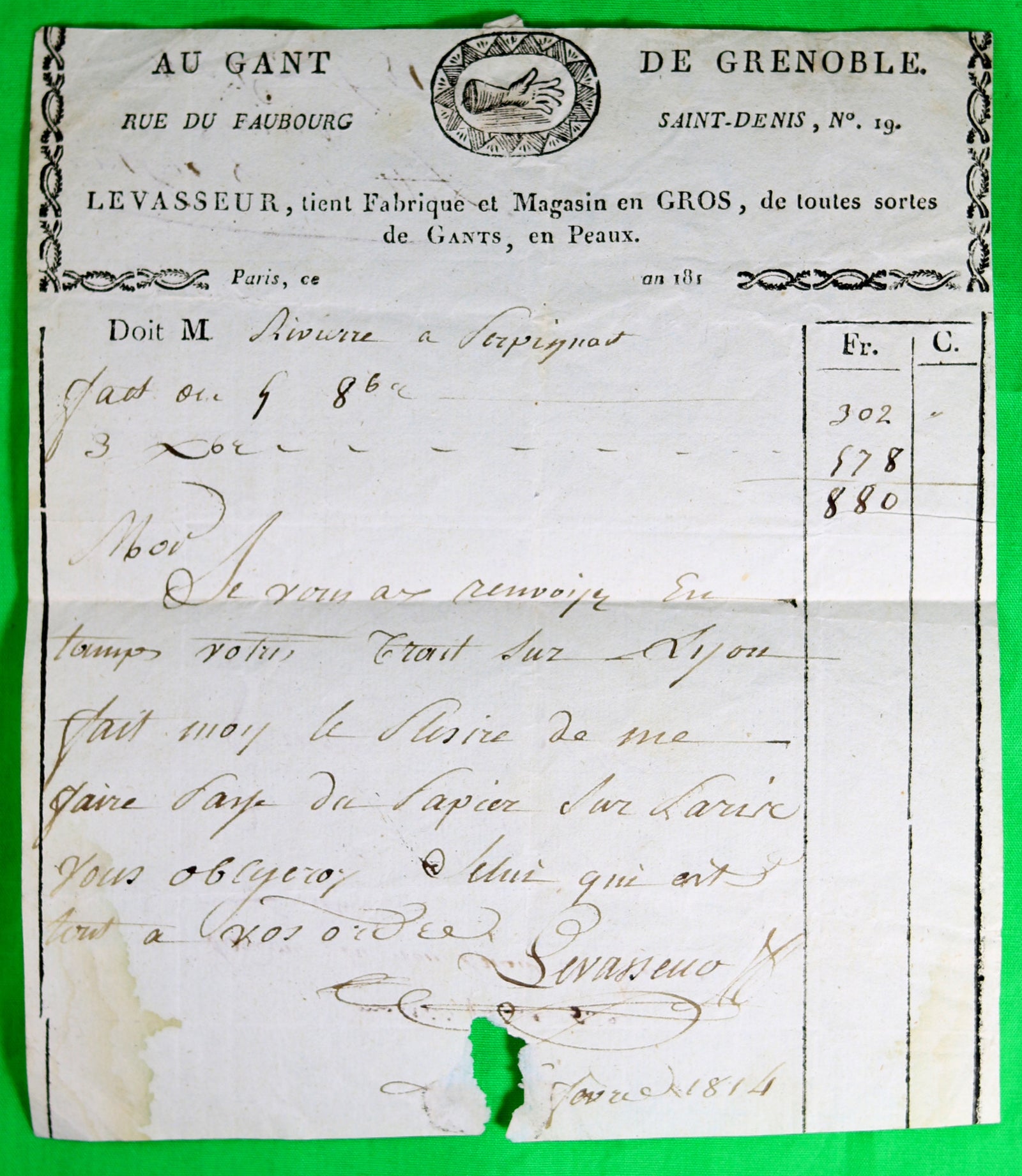 1814 facture Paris 'Au Gant de Grenoble'