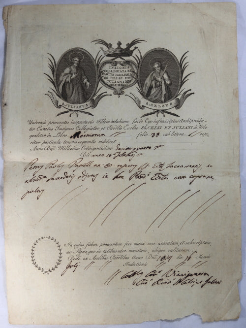1814 religious document in Latin, superb letterhead engraving of saints