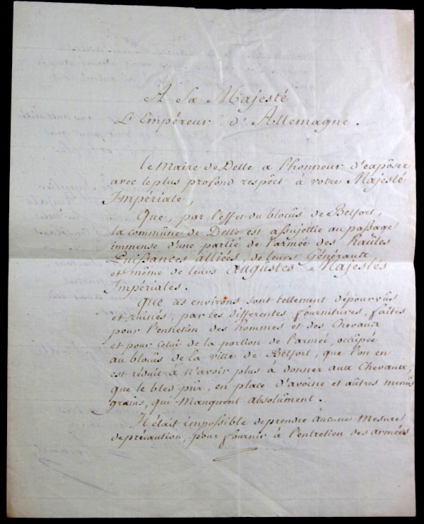 1814 lettre à Empéreur d'Allemagne blocus demande secour commune Delle
