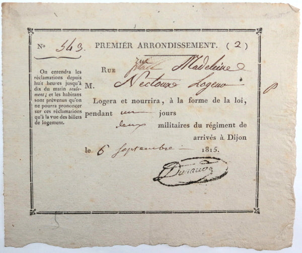 1815 Dijon demande de loger et nourrir deux soldats Autrichiens