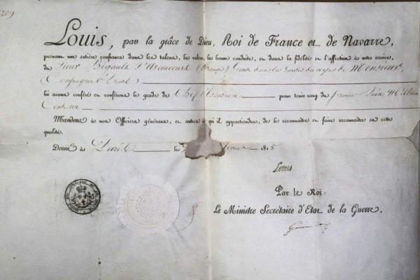 1815 Paris Louis XVIII brevet Chef d’Escadron Garde du Corps Monsieur