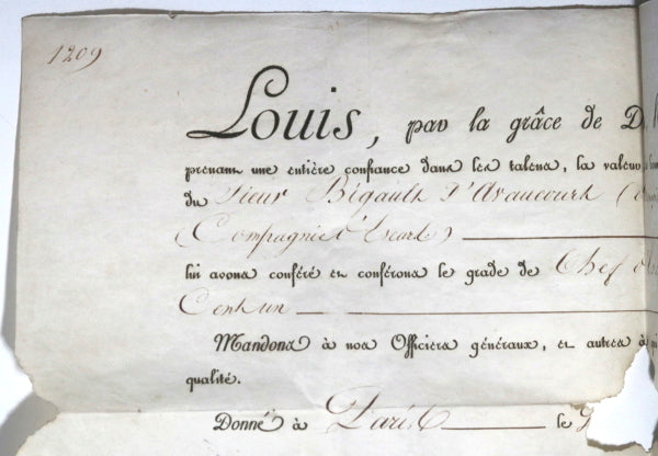 1815 Paris Louis XVIII brevet Chef d’Escadron Garde du Corps Monsieur