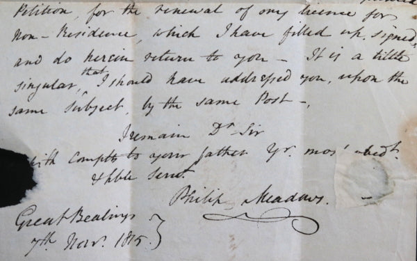 1815 UK letter to John Kitson registrar Norwich, licence non-residence