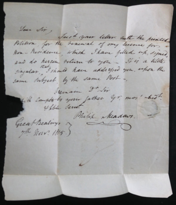 1815 UK letter to John Kitson registrar Norwich, licence non-residence