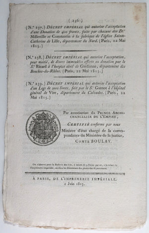 1815 Napoleon Bulletin des Lois #33, Compagnies d’Hommes de Couleur