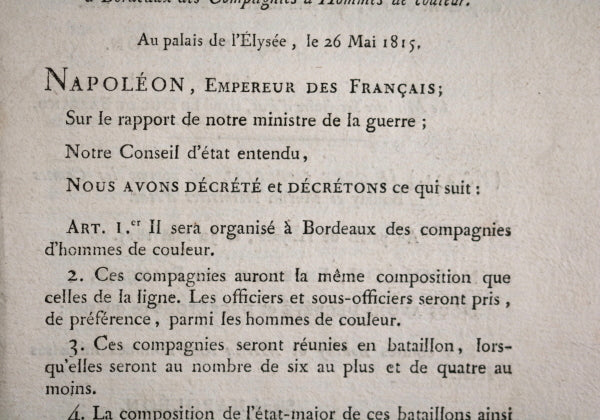 1815 Napoleon Bulletin des Lois #33, Compagnies d’Hommes de Couleur