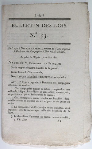 1815 Napoleon Bulletin des Lois #33, Compagnies d’Hommes de Couleur