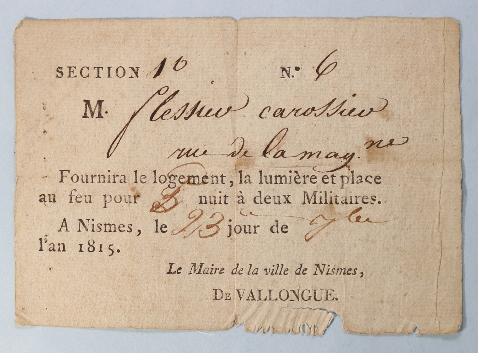 1815 Nîmes (Gard) document logement 2 militaires Autrichiens