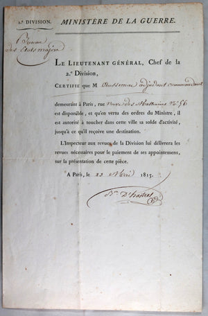 1815 Paris, lot de 3 documents militaires Adjt. Commandant Aussenac
