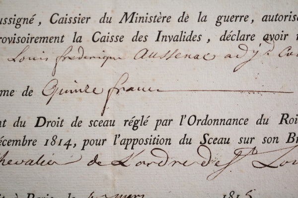 1815 Paris, lot de 3 documents militaires Adjt. Commandant Aussenac