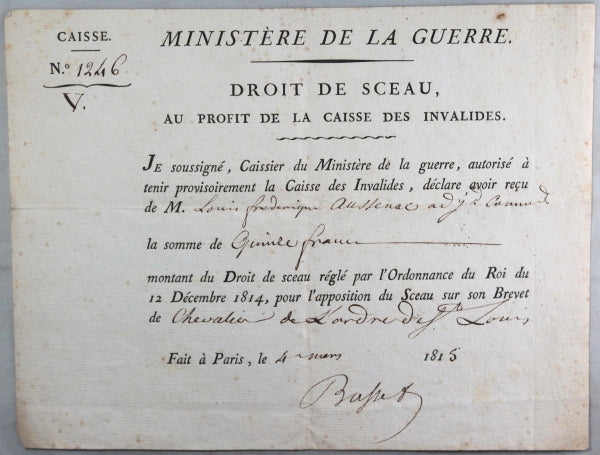 1815 Paris, lot de 3 documents militaires Adjt. Commandant Aussenac