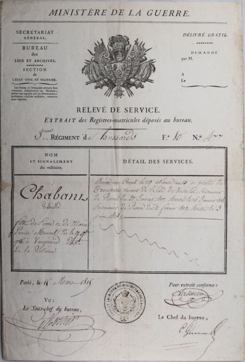 1815 Relevé de Service 3eme Régiment de Hussards (Restauration)