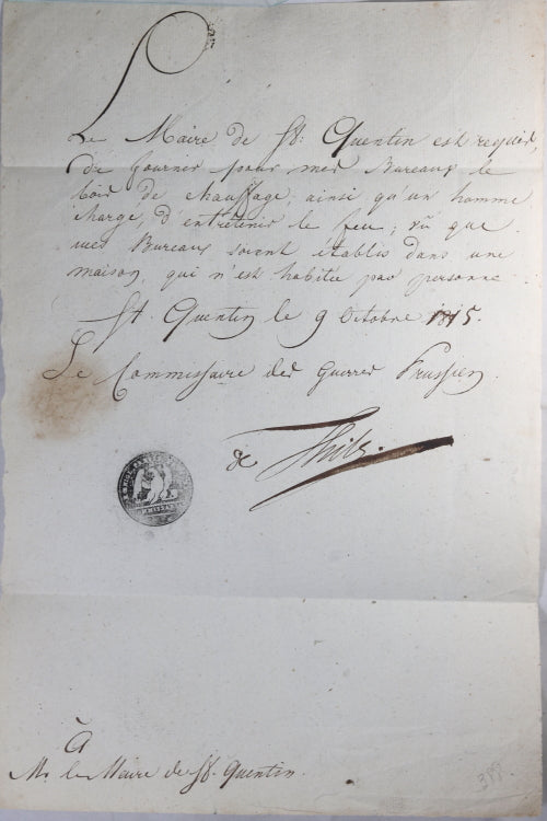 1815 St Quentin requisition, de Thils Commissaire des Guerres Prussien