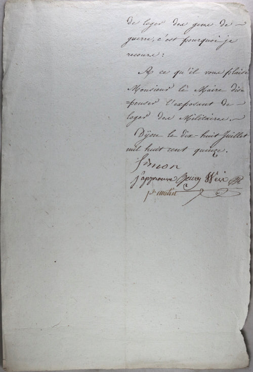 1815 ébéniste à Dijon veut dispensation de logement de militaires