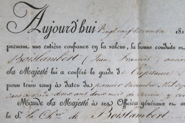 1815 grade de Captaine d’Infanterie par le Duc de Feltre (Louis XVIII)