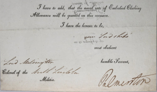 1815 letter Secretary of War Palmerston to Lord Milsington, Militia