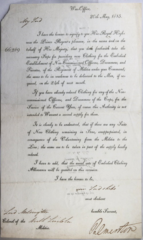 1815 letter Secretary of War Palmerston to Lord Milsington, Militia