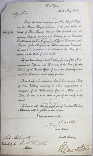 1815 letter Secretary of War Palmerston to Lord Milsington, Militia